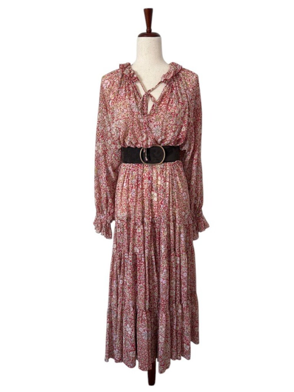 Free People Feeling Groovy Maxi Dress Tiered Sheer Floral Red & Pink Small